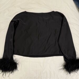 ANTONIO MELANI - Blyss Drapey Satin Boat Neck Long Sleeve Feather Cuff Blouse